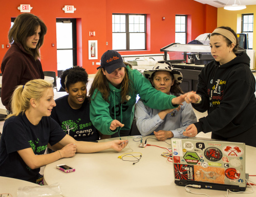 Girl Scout leaders playing with the MaKey MaKey
