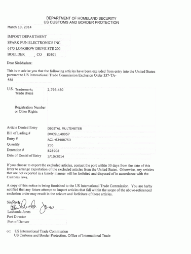 Fluke SparkFun Homeland Security Letter