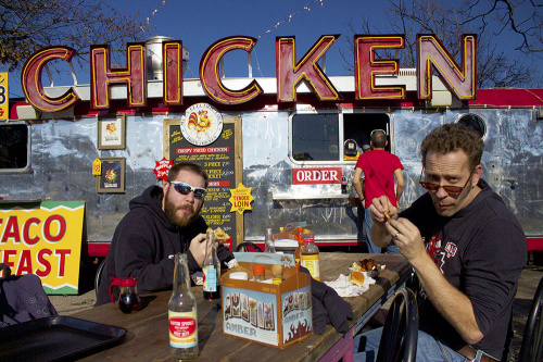 Eating chicken at a nearby tin food shack on Congress. Waffles anyone?