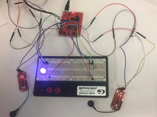 A complete circuit for the Virtual Arm Wrestling MyoWare project.