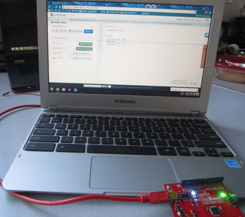 Chromebook hooked up to a Redboard