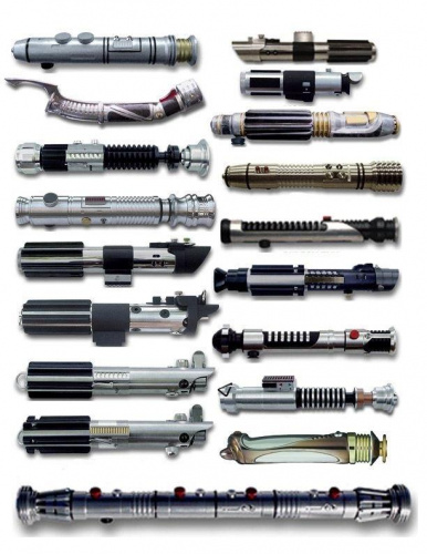 an assortment of lightsaber hilts