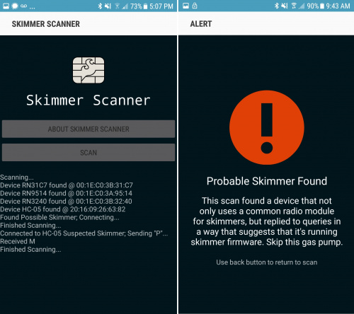 two screenshots side-by-side of the skimmer scanner application scanning for and finding a bluetooth enabled gas pump credit card skimmer