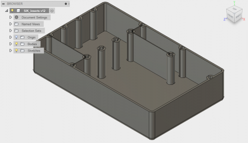 screenshot of a 3D model in Autodesk Fusion 360. The model is of a tray  with removable dividers