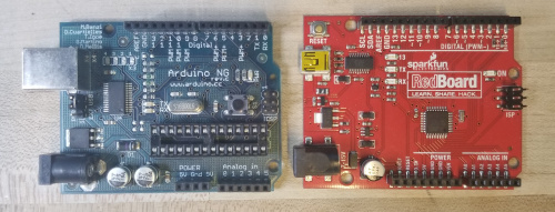 Side by side comparison of a very old Arduino NG and a modern RedBoard showing the difference between imported raster fonts and the default vector font