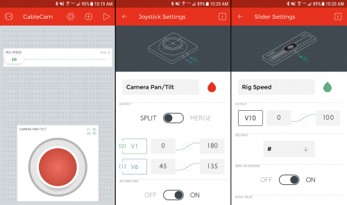 Screen grabs of Blynk app main screen and both settings screens 