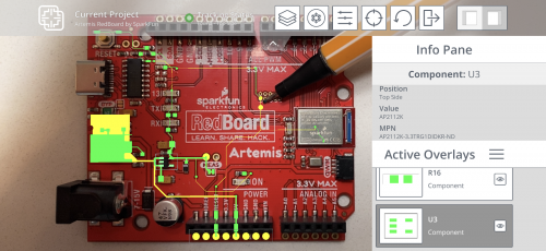 Sparkfun Redboard Artemis with power rails and components highlighted in inspectAR