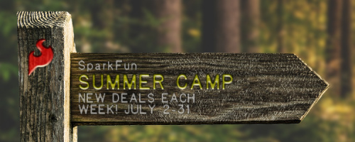 Wooden trail sign with SparkFun Summer Camp and deal dates