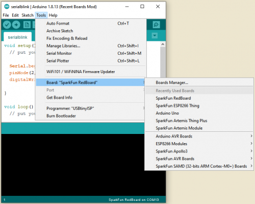 screenshot of the Arduino IDE with the Board menu open and a new menu list labeled "Recently Used Boards"