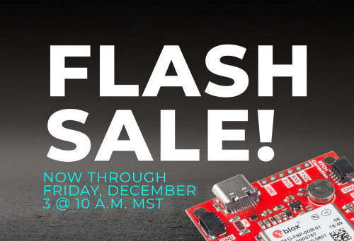 Image with the SparkFun GPS-RTK2 Board - ZED-F9P (Qwiic) on a black and grey background with text of Flash Sale! Now through Friday, December 3 at 10 a.m. MST 