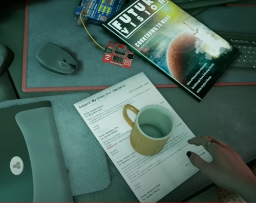 Videogame screenshot from the protagonist's point of view. A computer desk has various items spread across it: a paper with a coffee mug on top, a mouse and keyboard, a magazine, and an Arduino dev board connected to a Qwiic Button board.