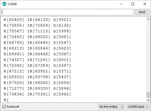 Screen shot of MAX30101 readings