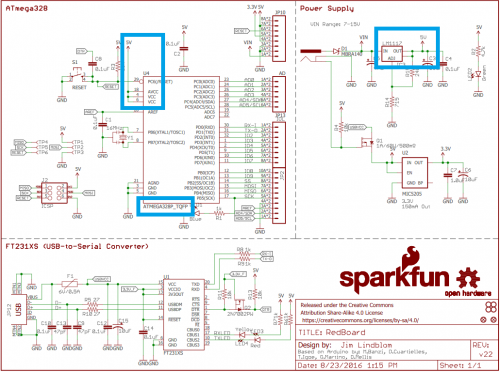 RedBoard schematic with 5V regulator highlighted