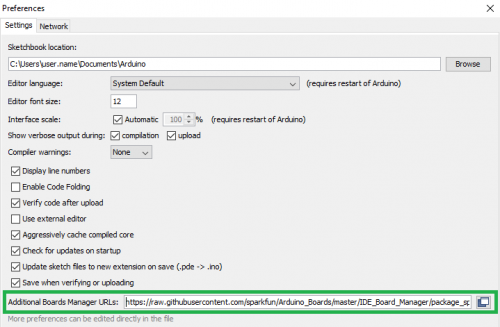 Arduino IDE Preferences Additional Moard Manager URLs