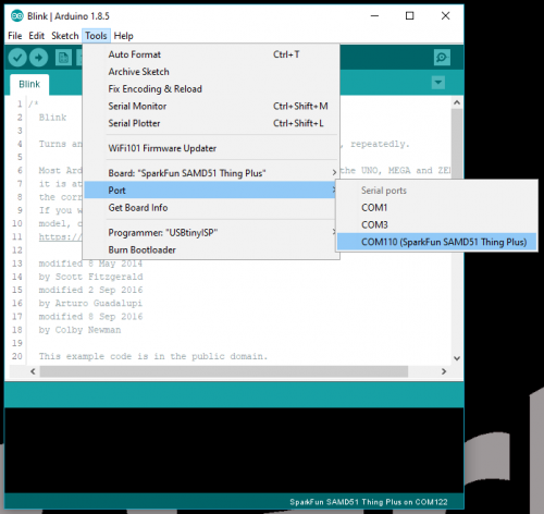 Selecting the SAMD51 Thing Plus port