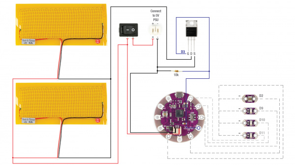 Circuit Heating Pads Arduino LEDs MOSFET