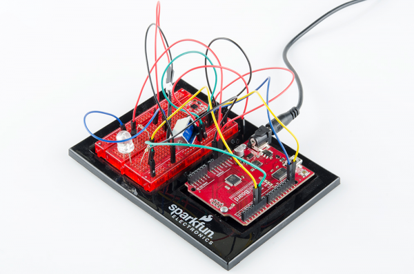 RedBoard connected to breadboard via jumper wires