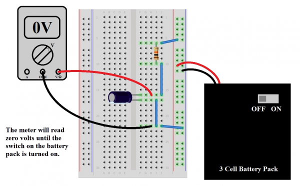 Fritzing diagram, power off, cap in series with resistor, battery