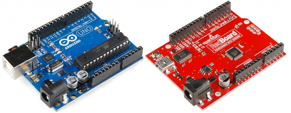 Arduino Uno PTH on the left, RedBoard on the right