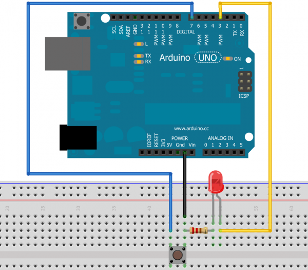 Fritzing Diagram of Simple LED Circuit and Arduino