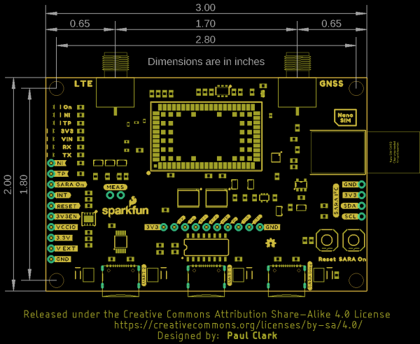 LTE GNSS Breakout Board Dimensions