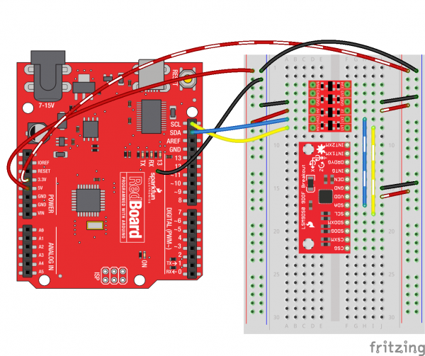 Redboard connected to LSM9DS0 via LLC