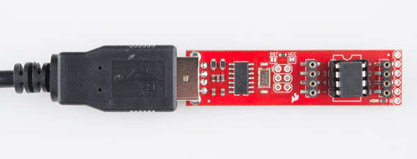 Programmer plugged into USB, ATtiny85 plugged into programmer