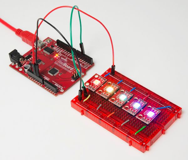 Redboard controlling five breadboarded breakout boards