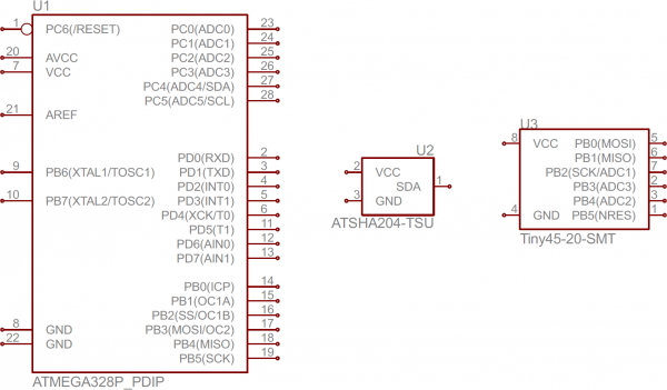 ATmega328, ATSHA204, and ATtiny45 IC symbols