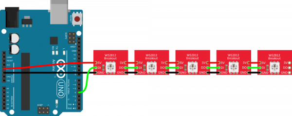 Five boards hooked up to an Arduino