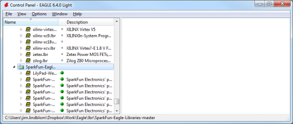 Correctly set libraries tree. Default lbr's not active, SparkFun lbrs ready to go!