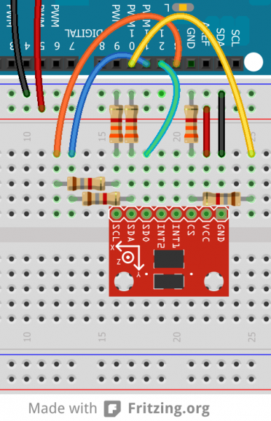 Breadboard example of level-shifting voltage dividers