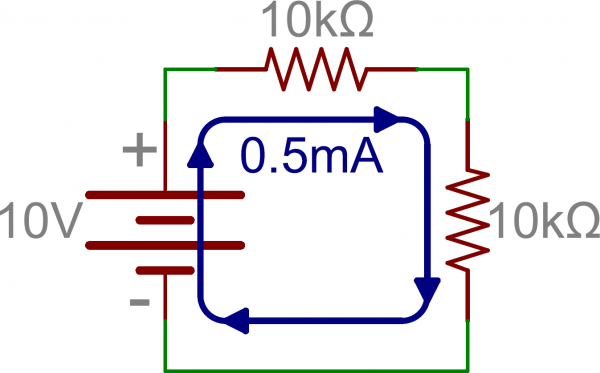 Schematic: Two series resistors in series with a battery