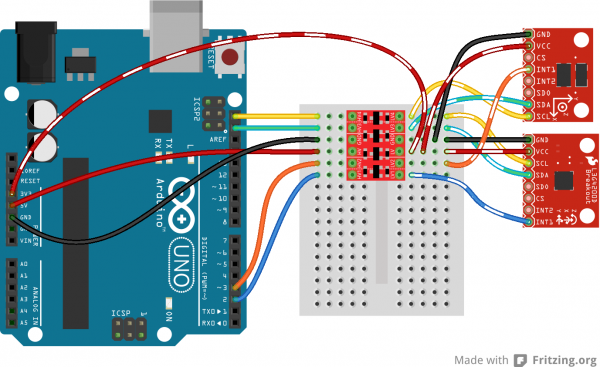 I2C ADXL345, L3G4200D to Arduino via BD-LLC