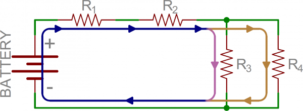 Example of current flow through circuit