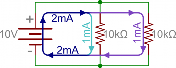 Schematic: Two parallel resistors in parallel with a battery