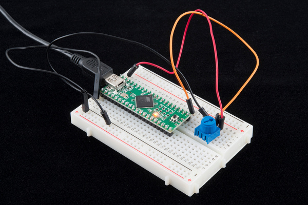 Teensy in a breadboard with a trimpot
