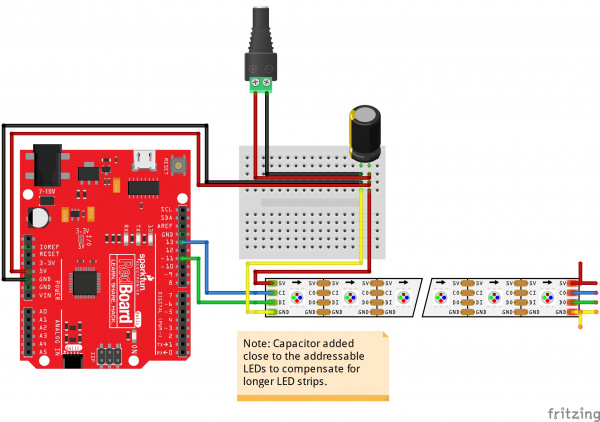 Arduino APA102 Hookup Using Long Strips with Capacitor