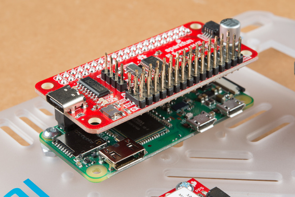 Servo pHAT plugged into the GPIO header of the Raspberry Pi Zero