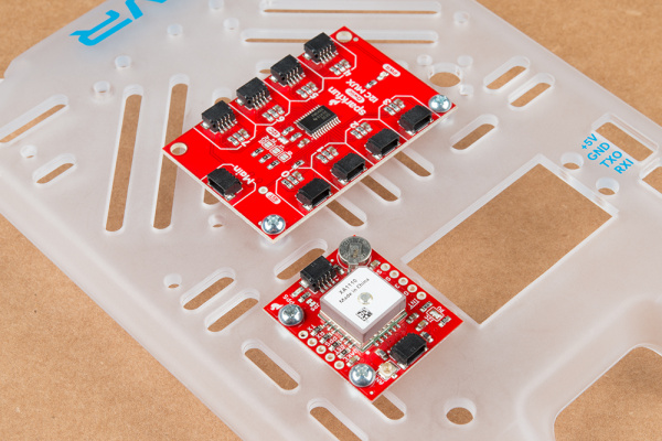 Mux board mounted on the RVR Cover Plate along with the GPS board