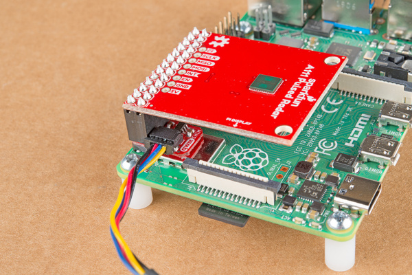 The Qwiic SHIM on a Pi 4 with the SparkFun Pulsed Radar Breakout.