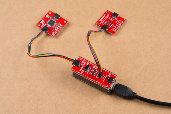 Qwiic Shield connected to an Arduino Nano with two Qwiic Devices.