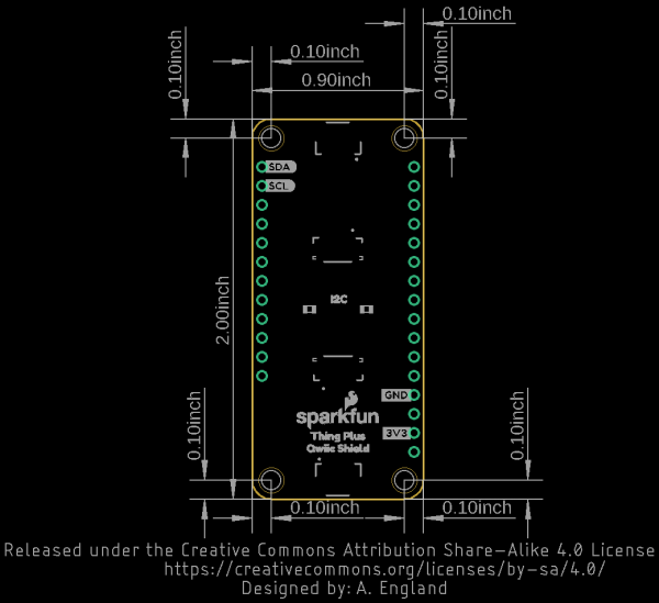 Dimensional Drawing for Qwiic Shield for Thing Plus