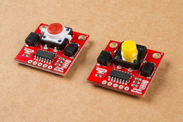 Image showing two Qwiic Buttons. One with a RED LED Button and another with a Yellow Tactile Button with no LED.