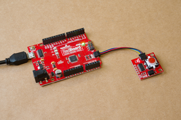 Image showing the Qwiic Button connected to the RedBoard Qwiic