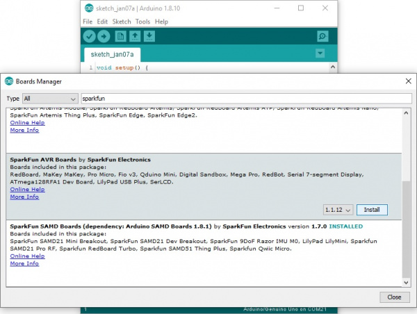 Click on Install for the SparkFun AVR Boards