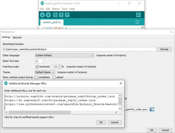 Adding Board Manager URL to Arduino preferences