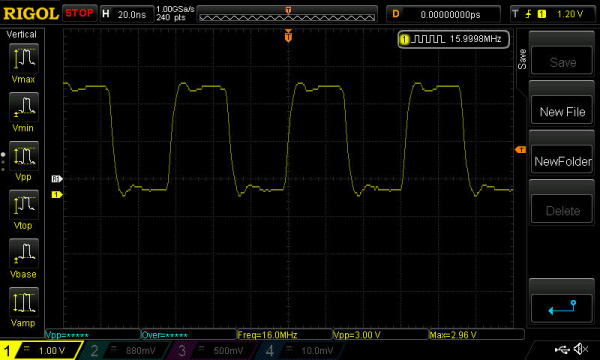 This image shows the Oscilloscope showing the clock signal generated by the SparkFun Clock Generator across its' screen.