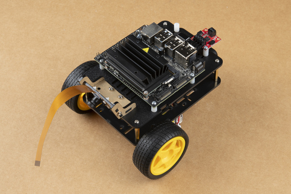 Jetson Nano attached to JetBot chassis. Camera cable is not connected