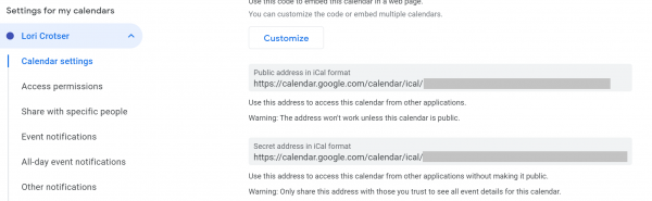 Google Calendar iCal addresses